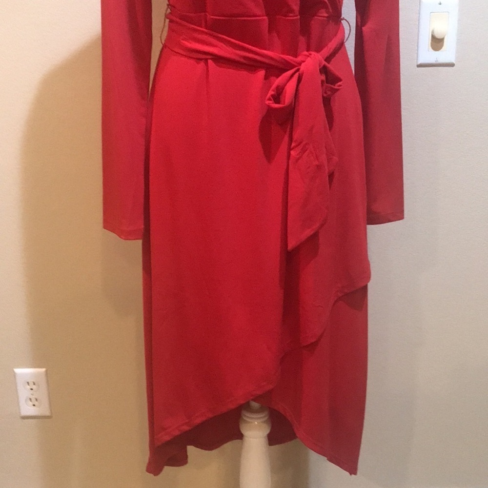 SIGNATURE COLLECTION Faux Wrap Dress Midi Red Jersey Knit Fit and Flare Dress-M - Picture 6 of 10